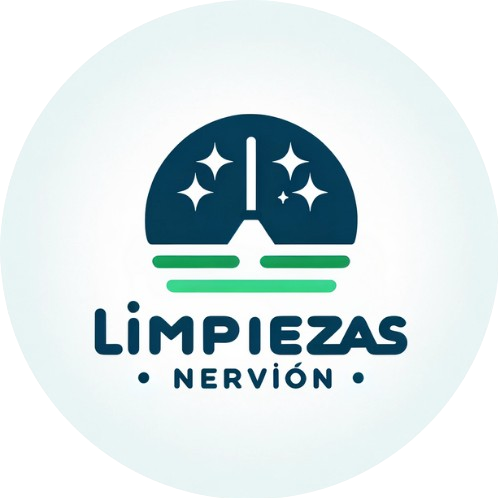 Logo de Limpiezas y Mantenimientos Nervión. Consta de un semicírculo con una fregona y estrellas y dos lineas abajo. Luego, su nombre escrito